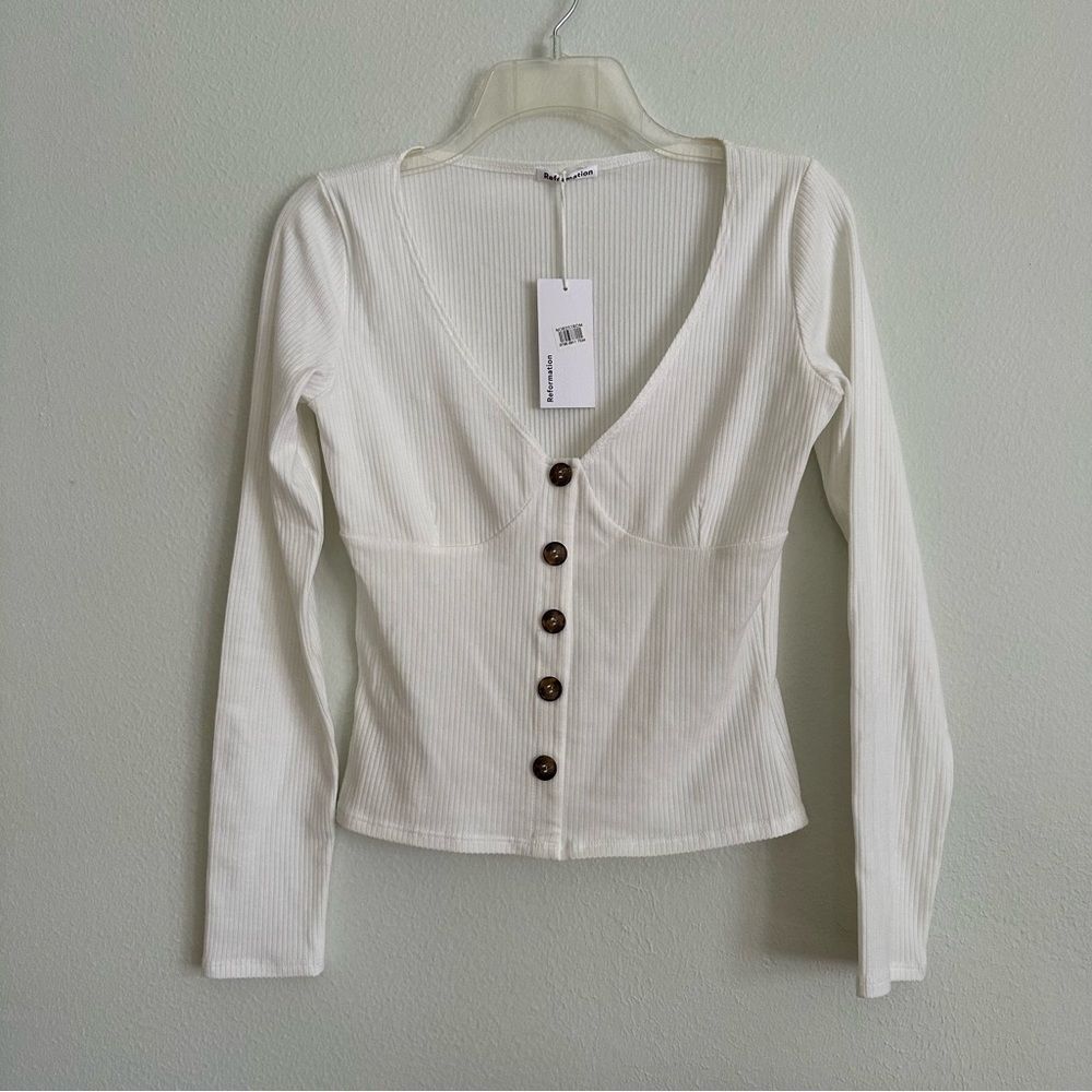 Reformation Virgil Top L Ribbed Long Sleeve Bustier Vibe Button Front Feminine - Picture 9 of 12